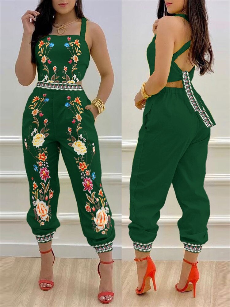 2024 New Floral Print Crisscross Tied Detail Backless Jumpsuit of One Fashion Casual Pieces for Women ODL0775F