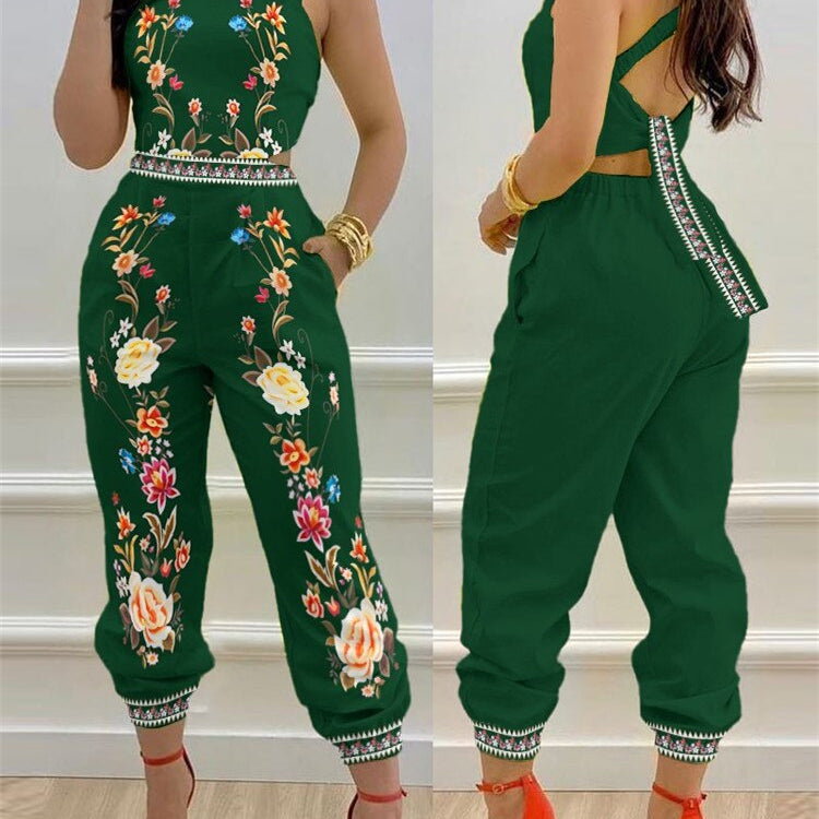 2024 New Floral Print Crisscross Tied Detail Backless Jumpsuit of One Fashion Casual Pieces for Women