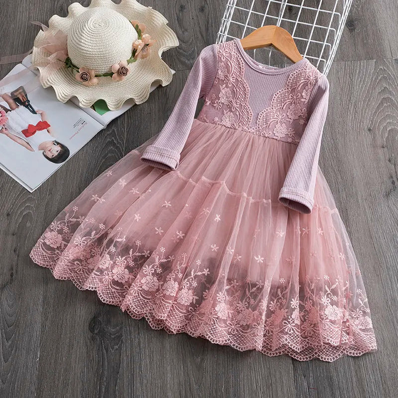 2024 New Girls Christmas Dress for Girls Kids Autumn Full Sleeve Sequined Tulle Tutu Princess Wedding Birthday Party Clothing 415-Pink
