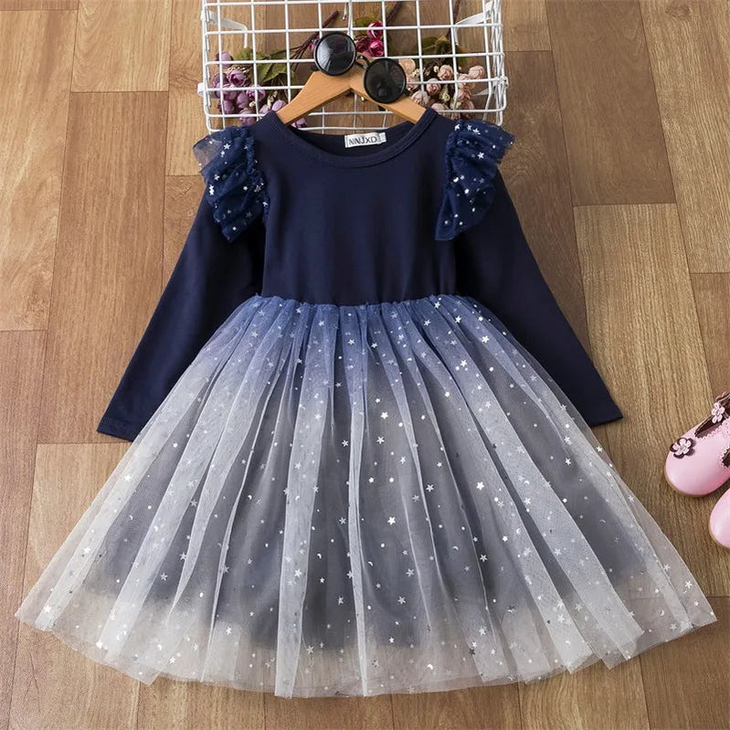 2024 New Girls Christmas Dress for Girls Kids Autumn Full Sleeve Sequined Tulle Tutu Princess Wedding Birthday Party Clothing Blue