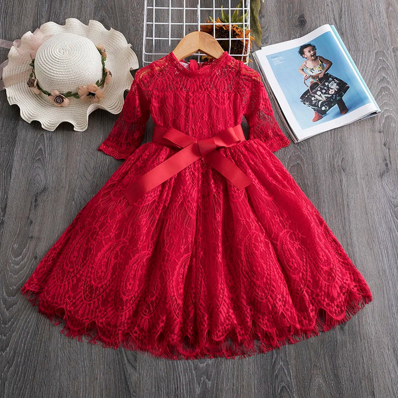 2024 New Girls Christmas Dress for Girls Kids Autumn Full Sleeve Sequined Tulle Tutu Princess Wedding Birthday Party Clothing 481-Red