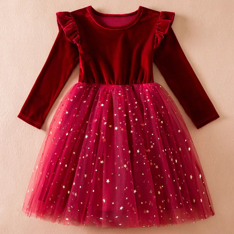 2024 New Girls Christmas Dress for Girls Kids Autumn Full Sleeve Sequined Tulle Tutu Princess Wedding Birthday Party Clothing
