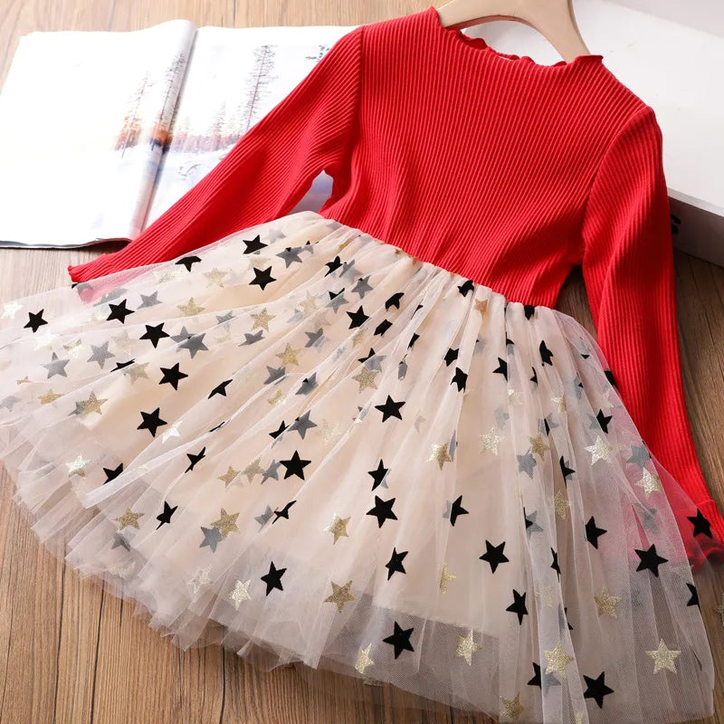 2024 New Girls Christmas Dress for Girls Kids Autumn Full Sleeve Sequined Tulle Tutu Princess Wedding Birthday Party Clothing 671-Red