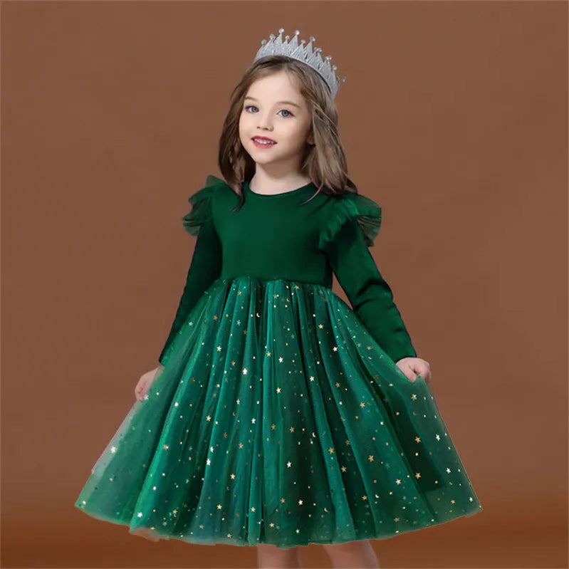 2024 New Girls Christmas Dress for Girls Kids Autumn Full Sleeve Sequined Tulle Tutu Princess Wedding Birthday Party Clothing