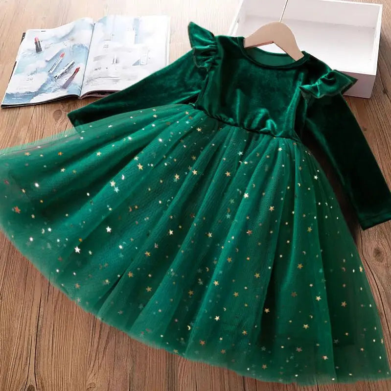 2024 New Girls Christmas Dress for Girls Kids Autumn Full Sleeve Sequined Tulle Tutu Princess Wedding Birthday Party Clothing