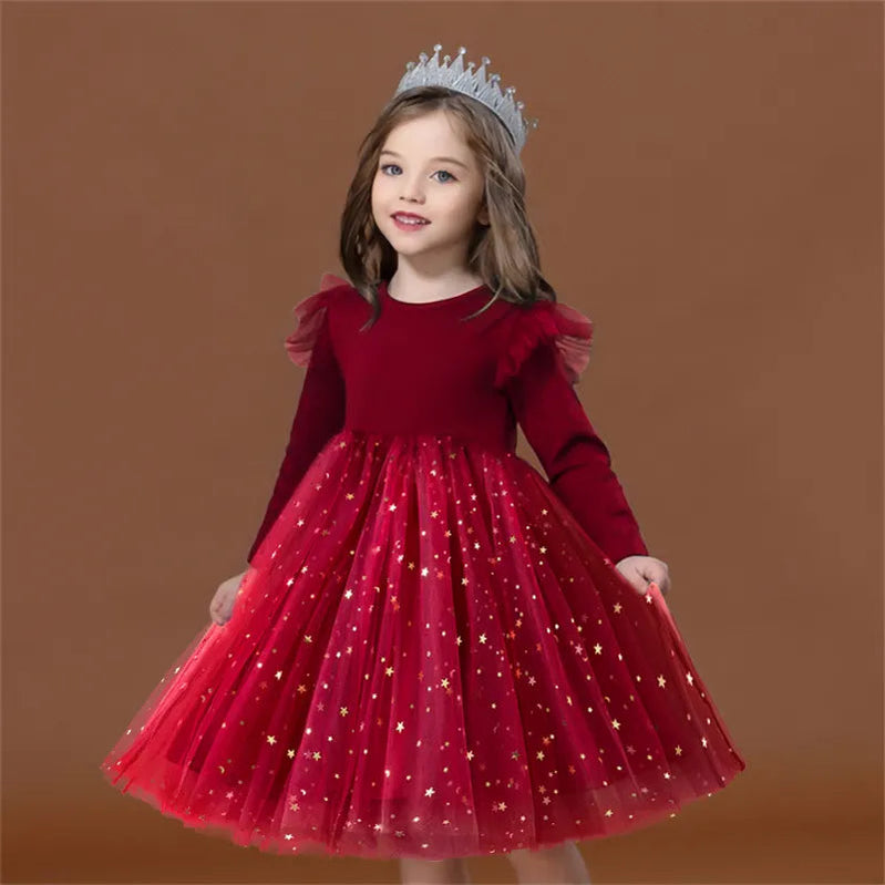 2024 New Girls Christmas Dress for Girls Kids Autumn Full Sleeve Sequined Tulle Tutu Princess Wedding Birthday Party Clothing