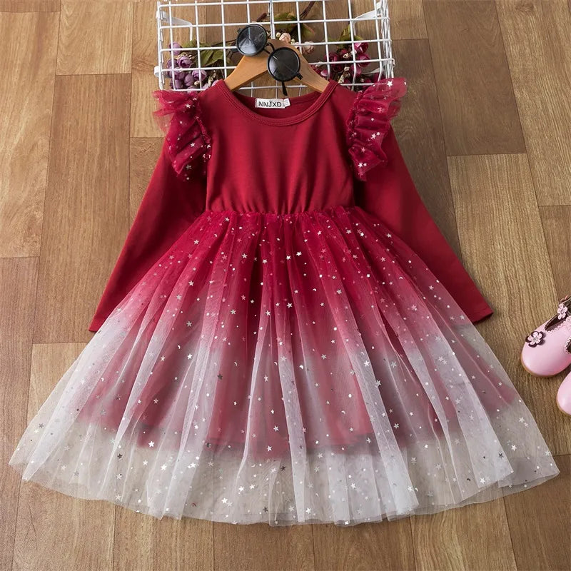 2024 New Girls Christmas Dress for Girls Kids Autumn Full Sleeve Sequined Tulle Tutu Princess Wedding Birthday Party Clothing Red2