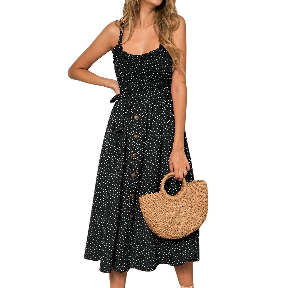2024 New Hot Women Boho Summer Sleeveless Polka Dot Beach Dress Ladies Stretch Holiday Sundress Evening Party Maxi Dress Black Spain