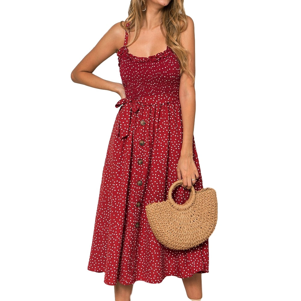 2024 New Hot Women Boho Summer Sleeveless Polka Dot Beach Dress Ladies Stretch Holiday Sundress Evening Party Maxi Dress