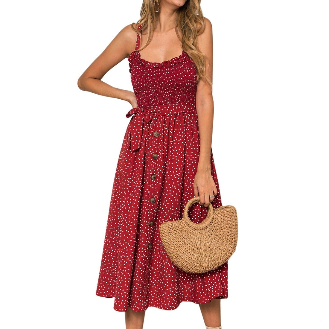 2024 New Hot Women Boho Summer Sleeveless Polka Dot Beach Dress Ladies Stretch Holiday Sundress Evening Party Maxi Dress Red Spain