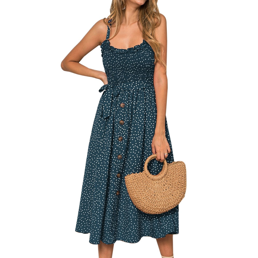 2024 New Hot Women Boho Summer Sleeveless Polka Dot Beach Dress Ladies Stretch Holiday Sundress Evening Party Maxi Dress Green Spain