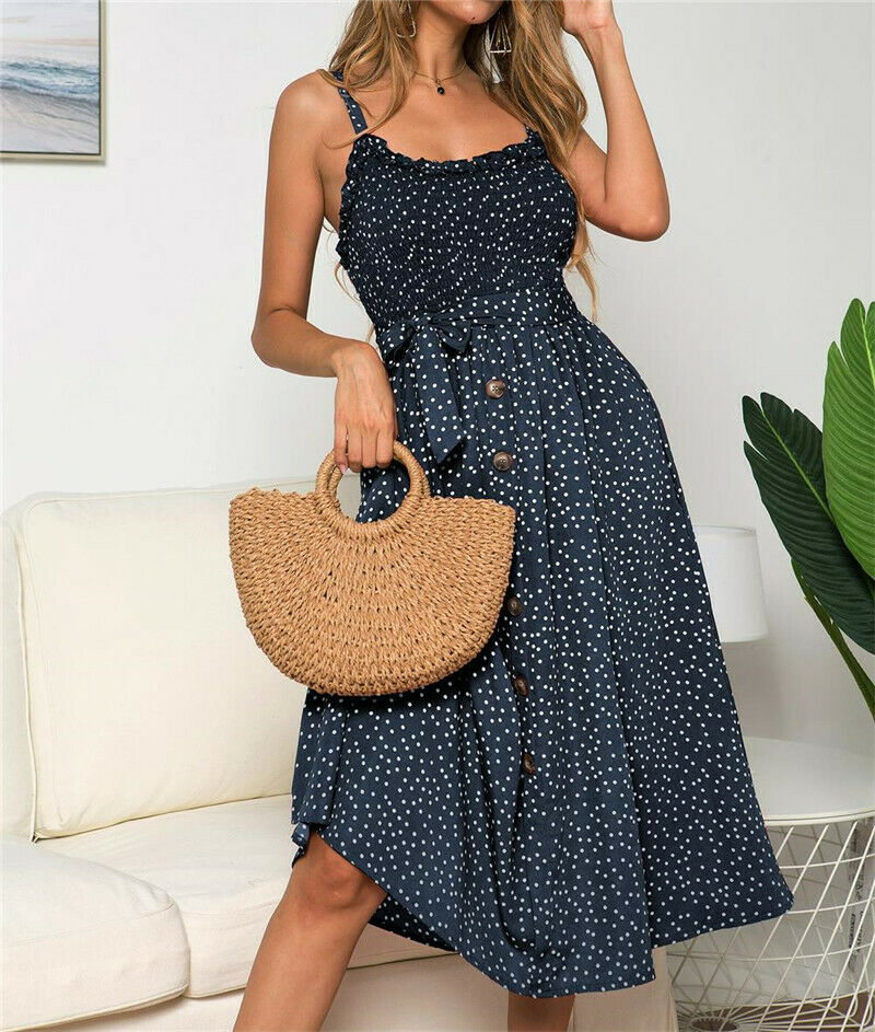 2024 New Hot Women Boho Summer Sleeveless Polka Dot Beach Dress Ladies Stretch Holiday Sundress Evening Party Maxi Dress