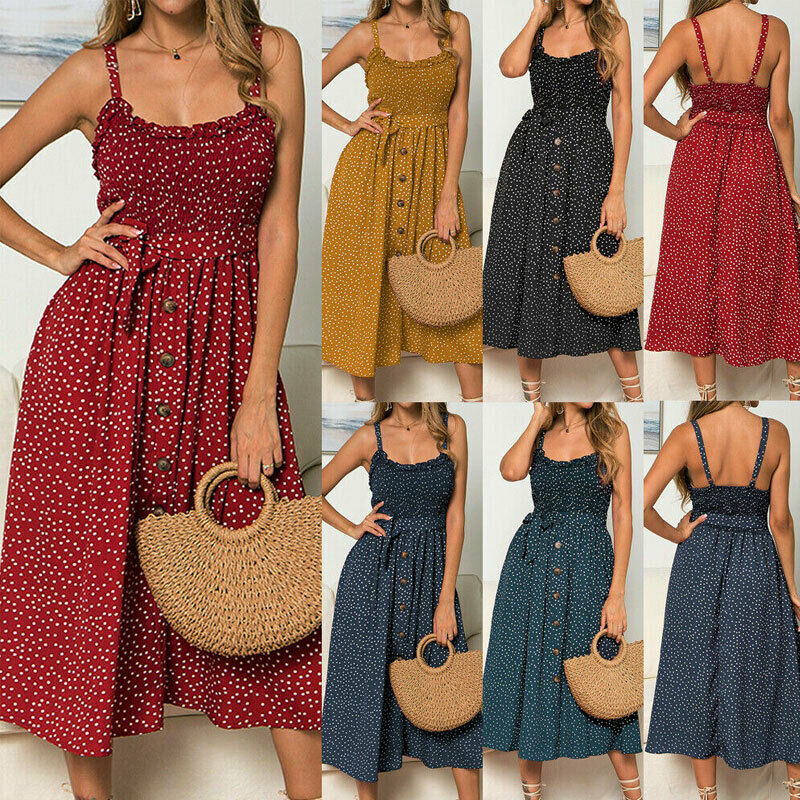 2024 New Hot Women Boho Summer Sleeveless Polka Dot Beach Dress Ladies Stretch Holiday Sundress Evening Party Maxi Dress
