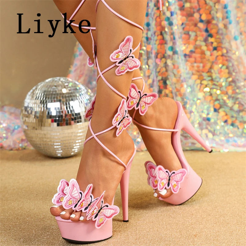 2024 New Pink Yellow Cross Strap Platform Sandals Women Handmade Embroidery Butterfly Open Toe Elegant High Heels Shoes Pink