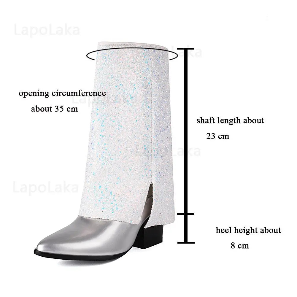2024 New Women Boots Fold Knee High Heel Boots Round Toe Long Boots Female Square Heel