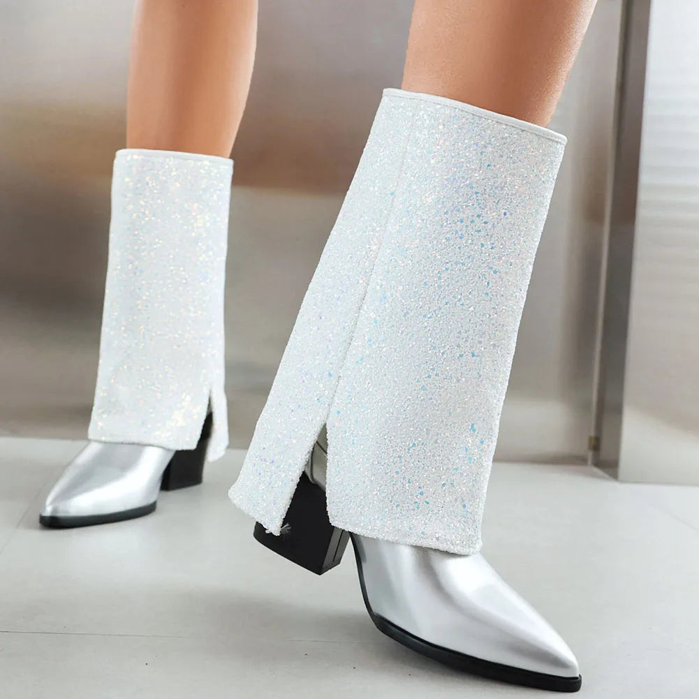 2024 New Women Boots Fold Knee High Heel Boots Round Toe Long Boots Female Square Heel