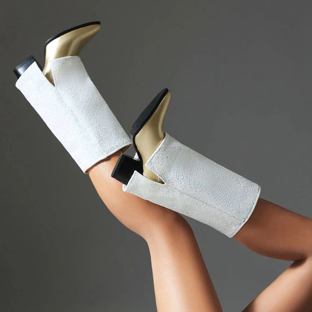 2024 New Women Boots Fold Knee High Heel Boots Round Toe Long Boots Female Square Heel gold 1