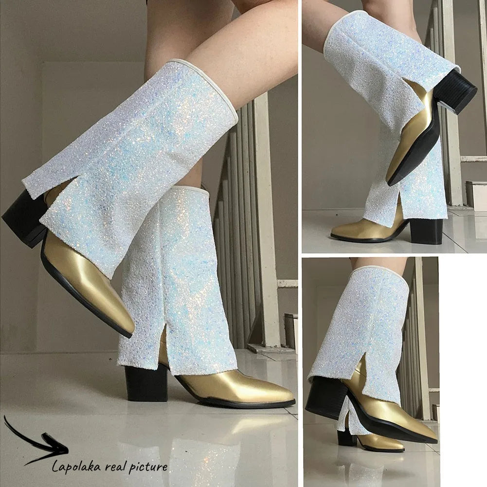 2024 New Women Boots Fold Knee High Heel Boots Round Toe Long Boots Female Square Heel