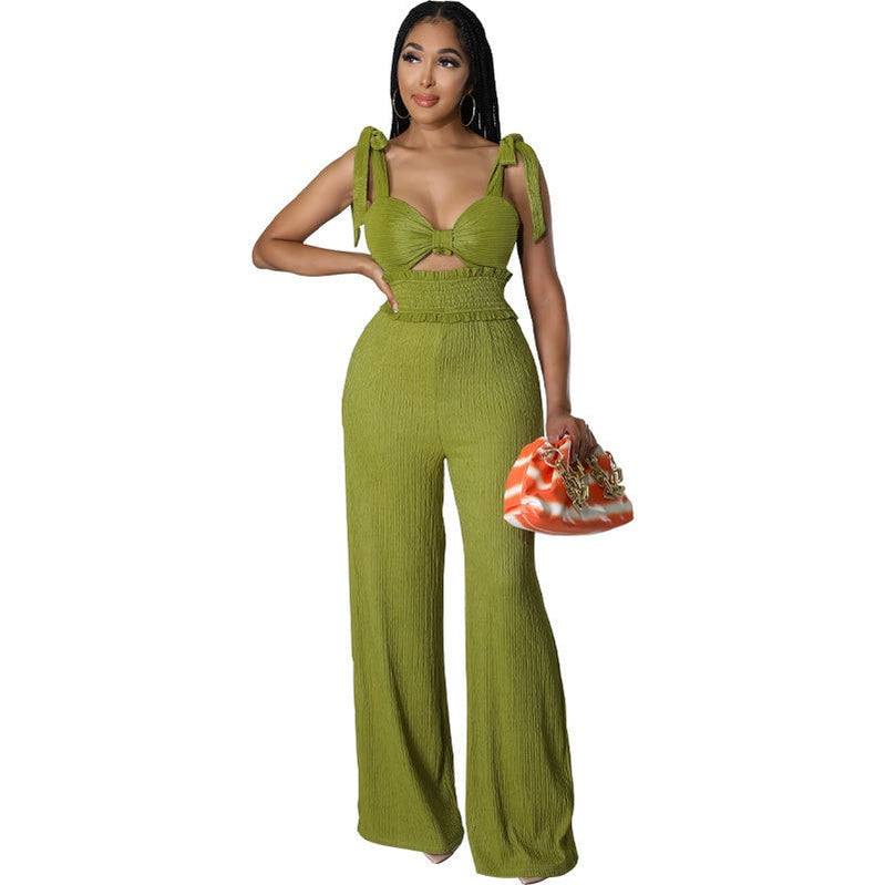 2024 Summer Casual One Piece Jumpsuits For Women Solid Sleeveless Lace Up Backless Pants Street Trendy Female Overalls Green