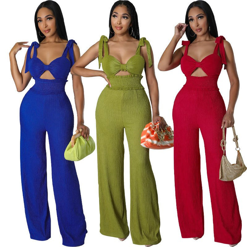 2024 Summer Casual One Piece Jumpsuits For Women Solid Sleeveless Lace Up Backless Pants Street Trendy Female Overalls
