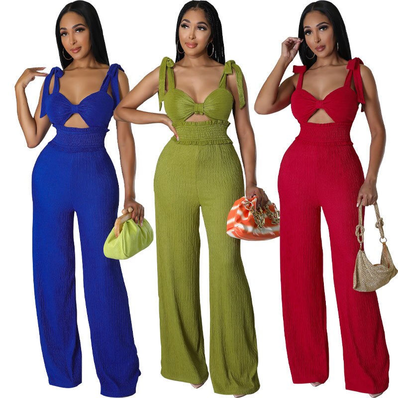2024 Summer Casual One Piece Jumpsuits For Women Solid Sleeveless Lace Up Backless Pants Street Trendy Female Overalls