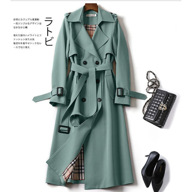 2024 Winter Women's windbreaker With Belt Fashion Streetwear Long Jacket Coat Female Clothing Slim Windbreak Ladies Outwear Green