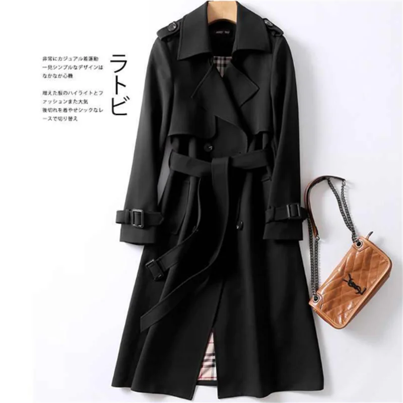 2024 Winter Women's windbreaker With Belt Fashion Streetwear Long Jacket Coat Female Clothing Slim Windbreak Ladies Outwear Black