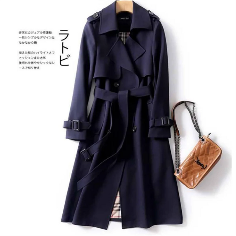 2024 Winter Women's windbreaker With Belt Fashion Streetwear Long Jacket Coat Female Clothing Slim Windbreak Ladies Outwear Navy