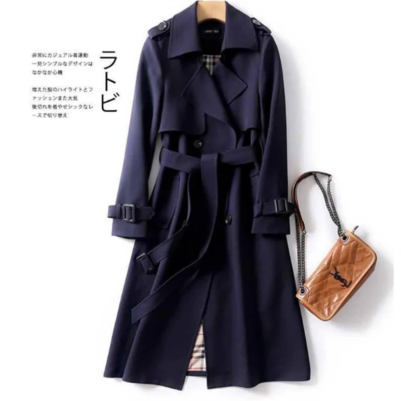 2024 Winter Women's windbreaker With Belt Fashion Streetwear Long Jacket Coat Female Clothing Slim Windbreak Ladies Outwear Navy