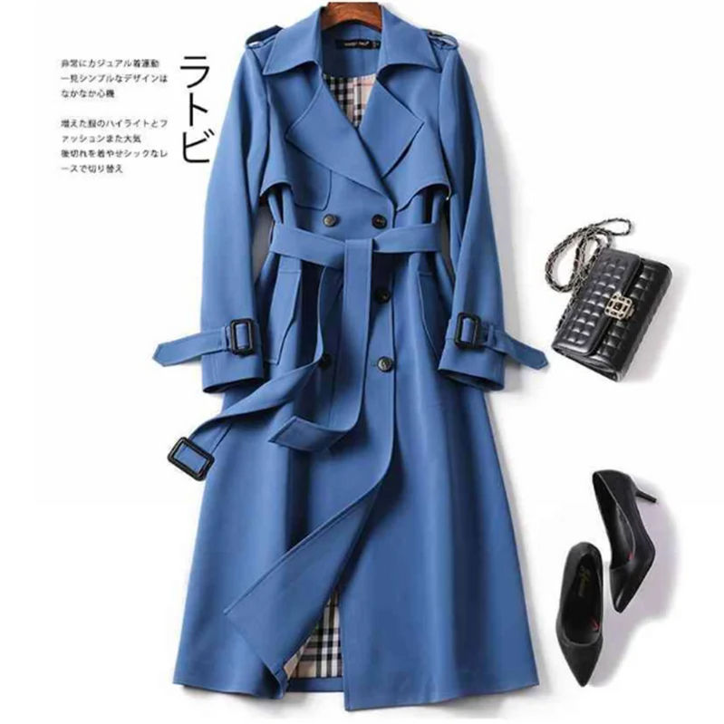 2024 Winter Women's windbreaker With Belt Fashion Streetwear Long Jacket Coat Female Clothing Slim Windbreak Ladies Outwear Blue