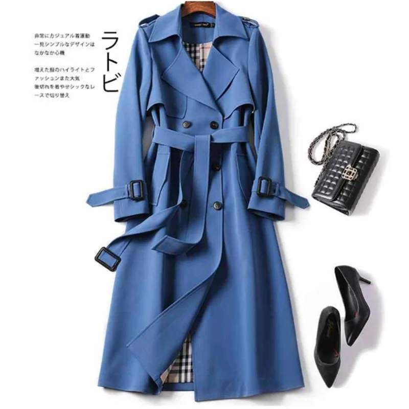 2024 Winter Women's windbreaker With Belt Fashion Streetwear Long Jacket Coat Female Clothing Slim Windbreak Ladies Outwear Blue