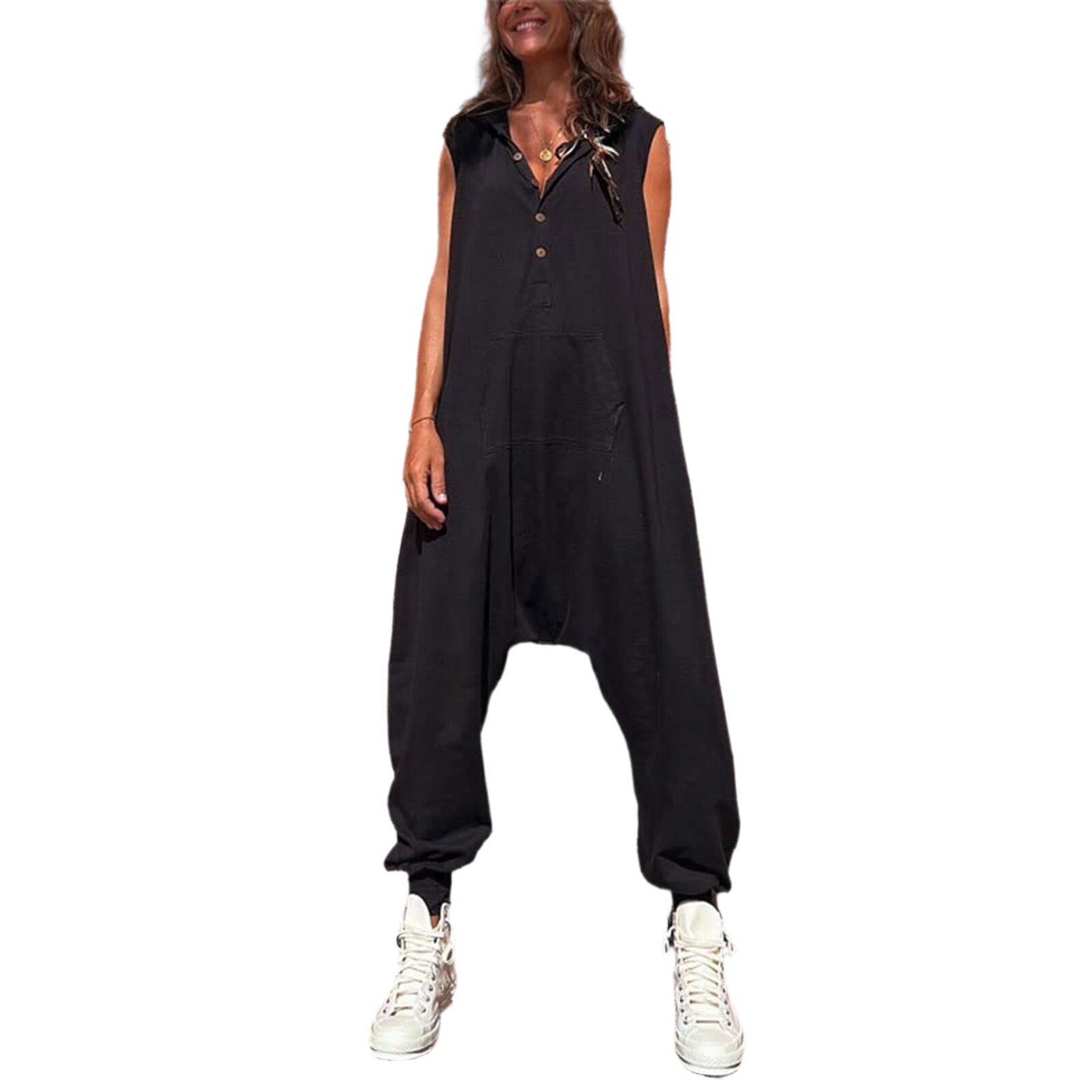 2024 Women Retro Solid Jumpsuit Casual Sleeveless Button Hooded Jumpsuits Lady Fashion Loose Pocket Pleated Small Foot Overalls Black