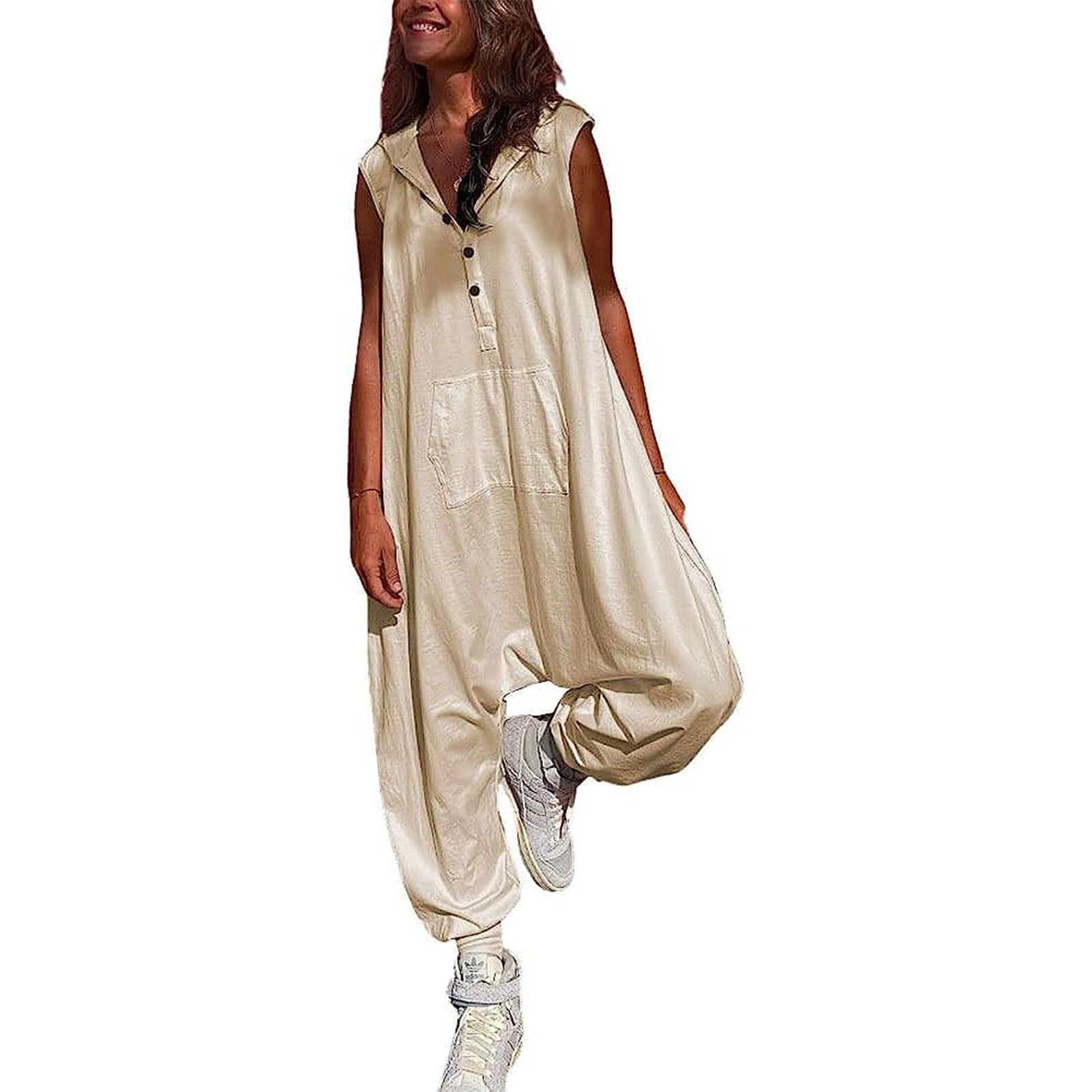 2024 Women Retro Solid Jumpsuit Casual Sleeveless Button Hooded Jumpsuits Lady Fashion Loose Pocket Pleated Small Foot Overalls Beige