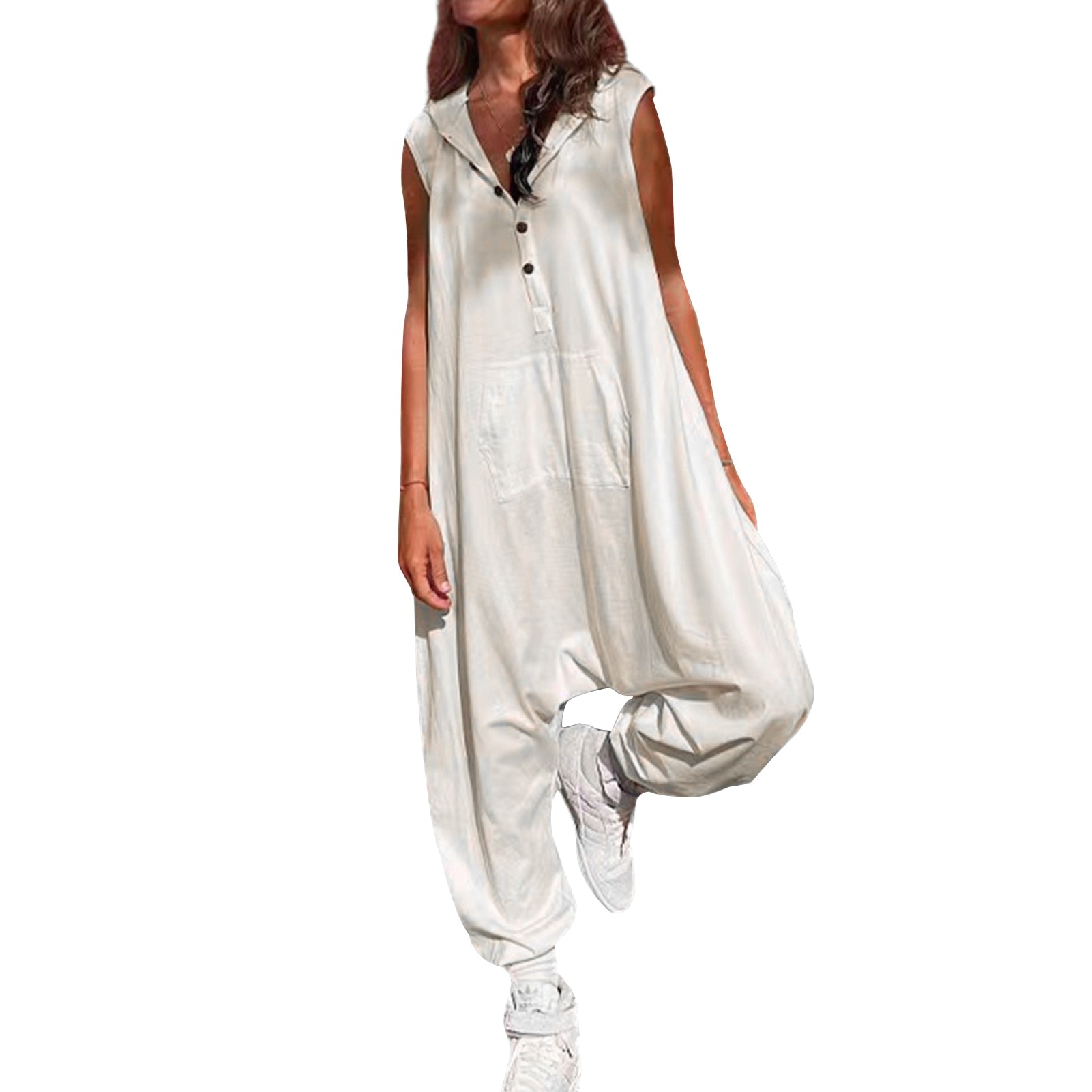 2024 Women Retro Solid Jumpsuit Casual Sleeveless Button Hooded Jumpsuits Lady Fashion Loose Pocket Pleated Small Foot Overalls White