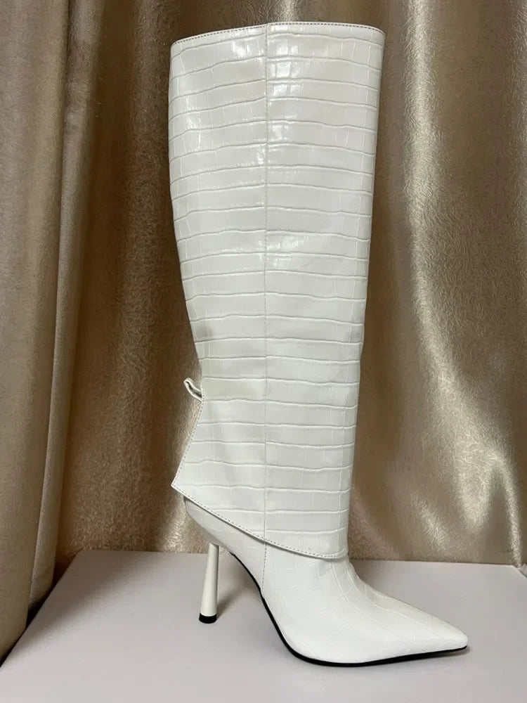 2024 Women's New Knee Length Boots Fashion Pointed Thin High Heel Trouser Sleeve Boots Autumn and Winter Large Size Boots White