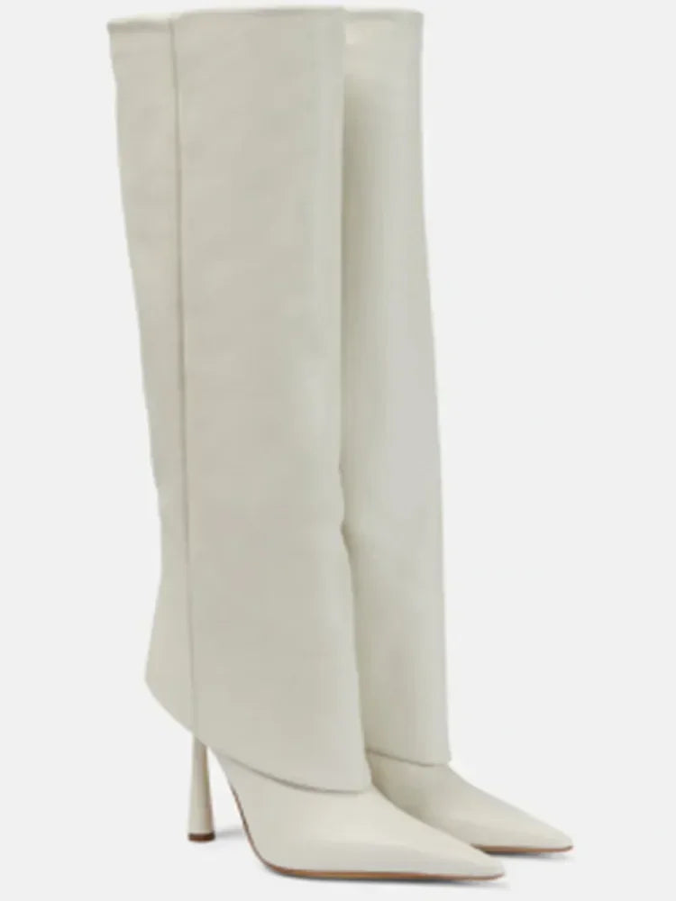 2024 Women's New Knee Length Boots Fashion Pointed Thin High Heel Trouser Sleeve Boots Autumn and Winter Large Size Boots white