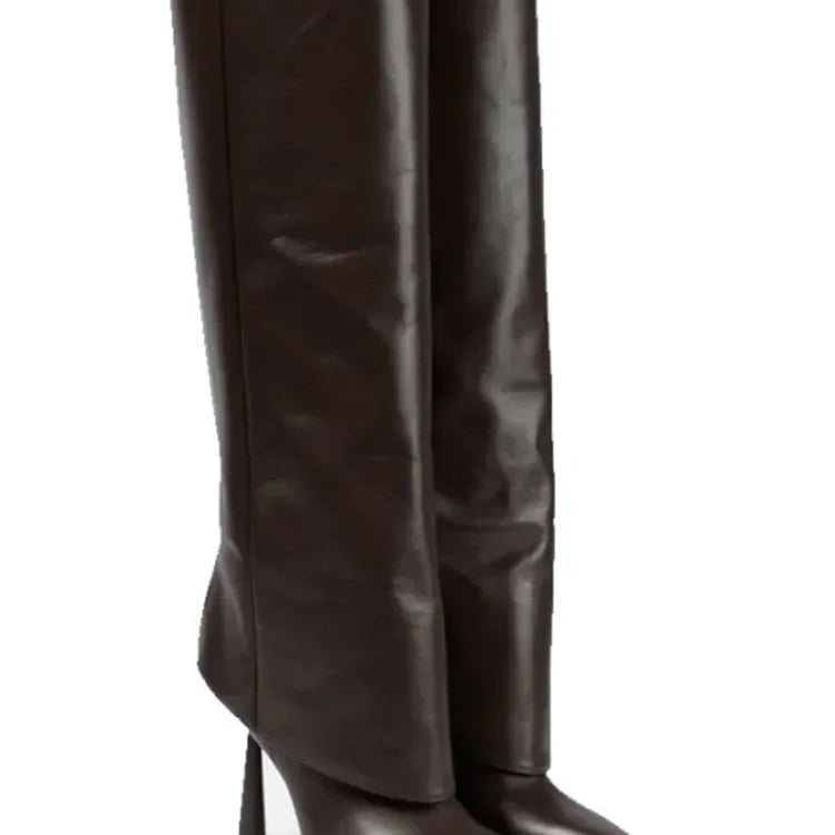 2024 Women's New Knee Length Boots Fashion Pointed Thin High Heel Trouser Sleeve Boots Autumn and Winter Large Size Boots -Dark brown