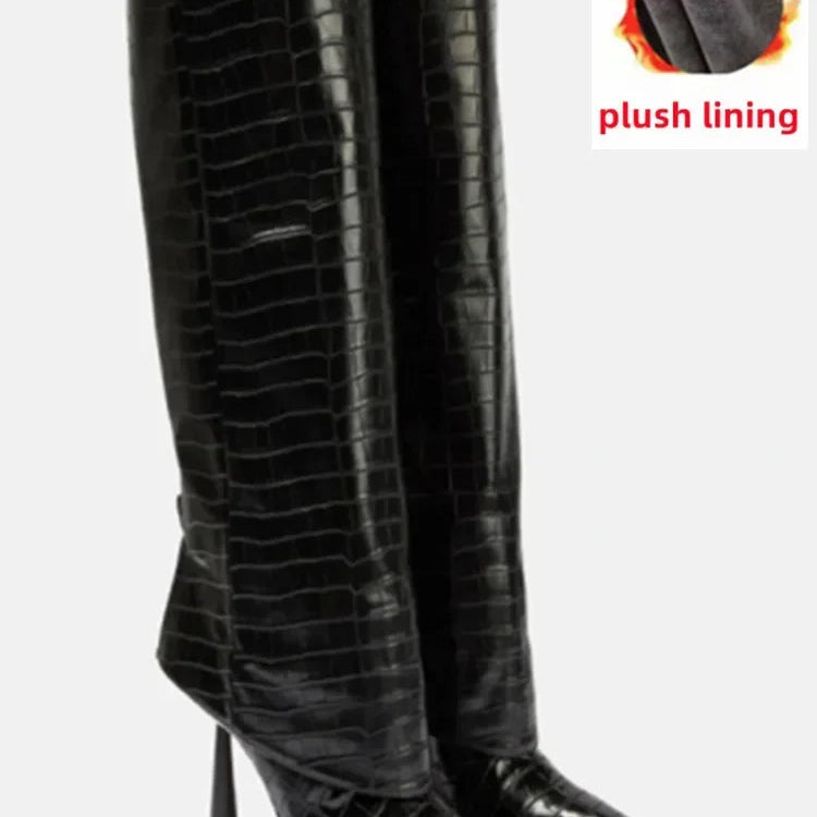 2024 Women's New Knee Length Boots Fashion Pointed Thin High Heel Trouser Sleeve Boots Autumn and Winter Large Size Boots Black plush lining