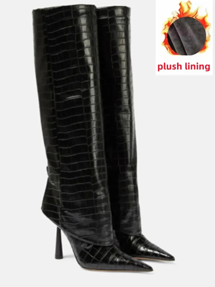 2024 Women's New Knee Length Boots Fashion Pointed Thin High Heel Trouser Sleeve Boots Autumn and Winter Large Size Boots Black plush lining