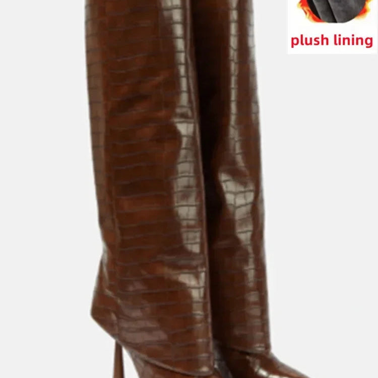 2024 Women's New Knee Length Boots Fashion Pointed Thin High Heel Trouser Sleeve Boots Autumn and Winter Large Size Boots Brown plush lining