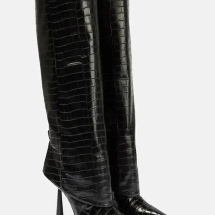 2024 Women's New Knee Length Boots Fashion Pointed Thin High Heel Trouser Sleeve Boots Autumn and Winter Large Size Boots Black stone pattern