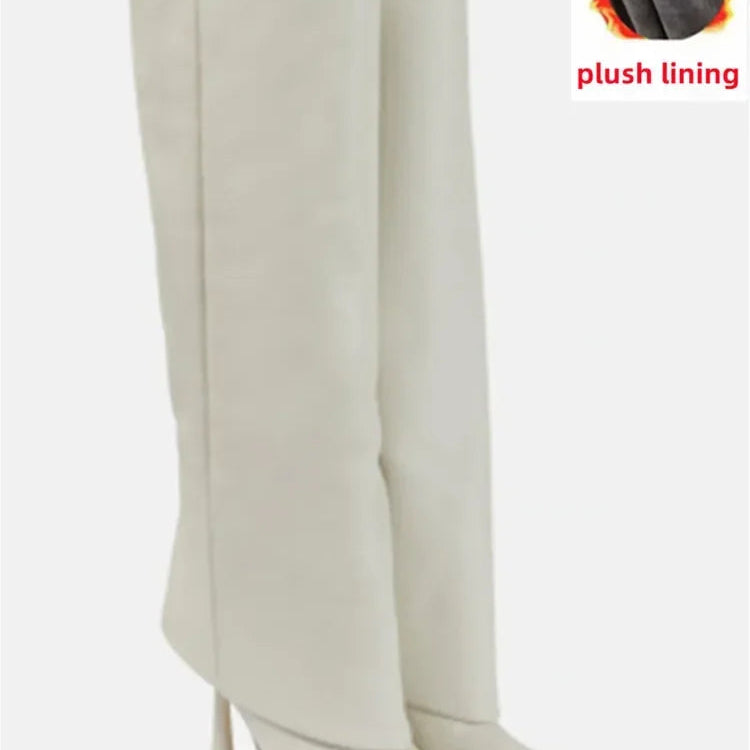 2024 Women's New Knee Length Boots Fashion Pointed Thin High Heel Trouser Sleeve Boots Autumn and Winter Large Size Boots White plush lining
