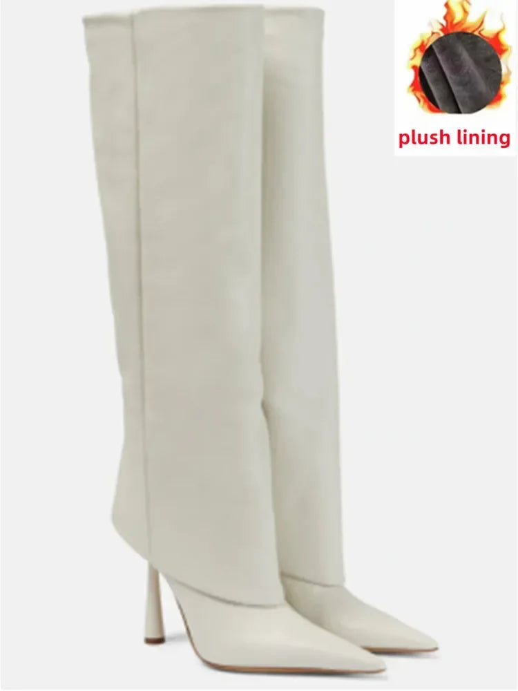 2024 Women's New Knee Length Boots Fashion Pointed Thin High Heel Trouser Sleeve Boots Autumn and Winter Large Size Boots White plush lining