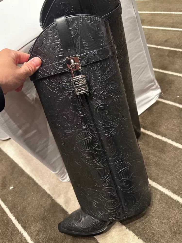 2024 Women's New Over Knee Boots Shark Lock Retro Pattern Thick Sole High Heel Boots Designer Brand Women's Long Leather Boots Black pu