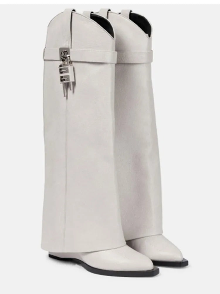 2024 Women's New Over Knee Boots Shark Lock Retro Pattern Thick Sole High Heel Boots Designer Brand Women's Long Leather Boots white pu