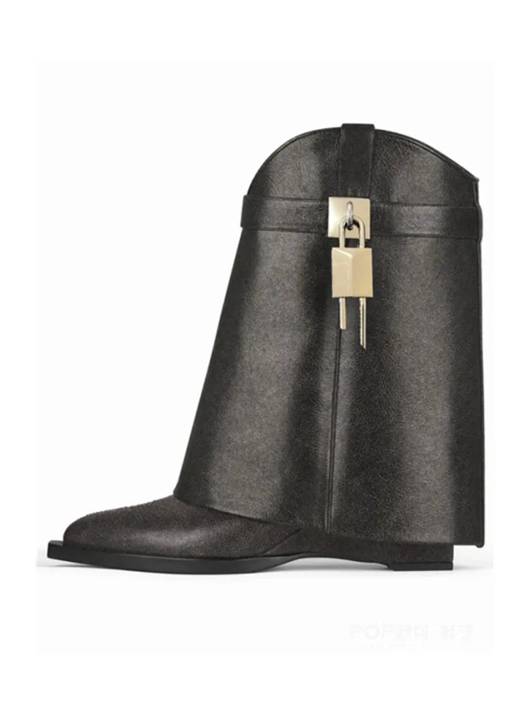 2024 Women's New Over Knee Boots Shark Lock Retro Pattern Thick Sole High Heel Boots Designer Brand Women's Long Leather Boots Black cowhide 2 1