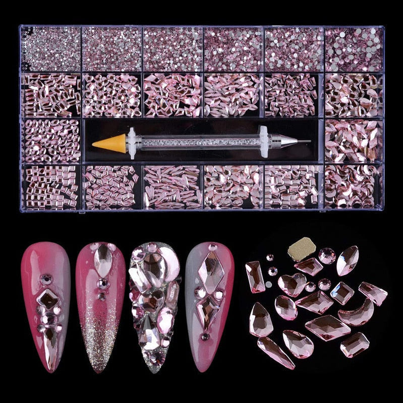 21 Grids Nail Decorations Box Packing AB Gold 3D Non-HotFix FlatBack Nail Art Rhinestones with Dot Pen Set Beauty Stones