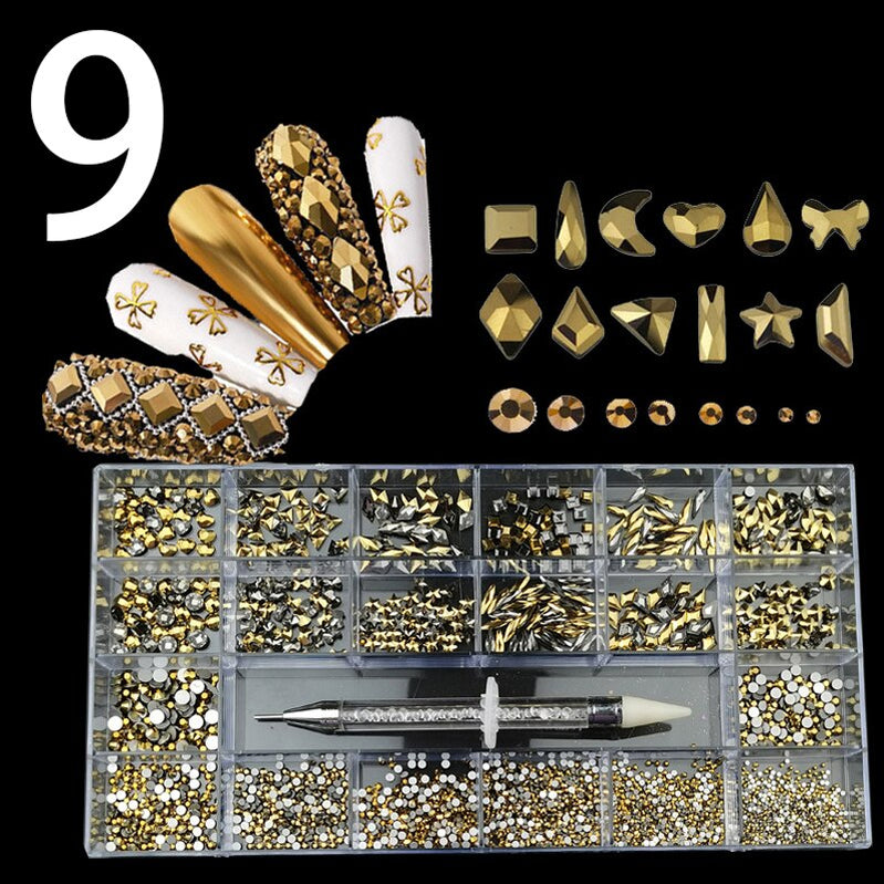 21 Grids Nail Decorations Box Packing AB Gold 3D Non-HotFix FlatBack Nail Art Rhinestones with Dot Pen Set Beauty Stones 9