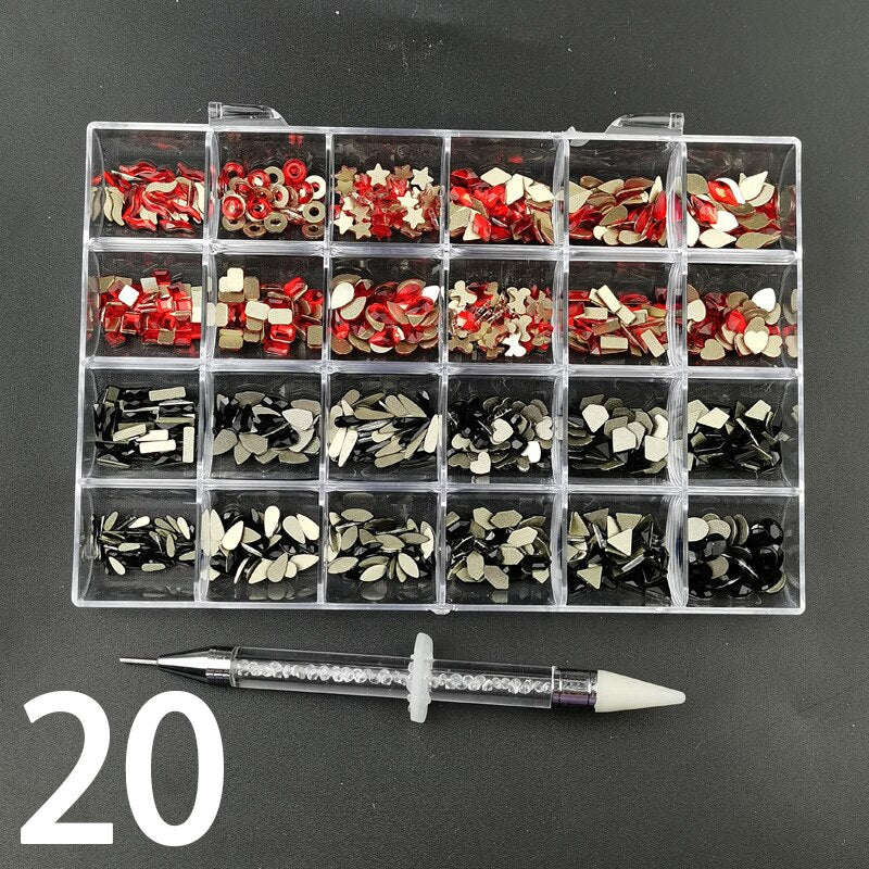 21 Grids Nail Decorations Box Packing AB Gold 3D Non-HotFix FlatBack Nail Art Rhinestones with Dot Pen Set Beauty Stones 20