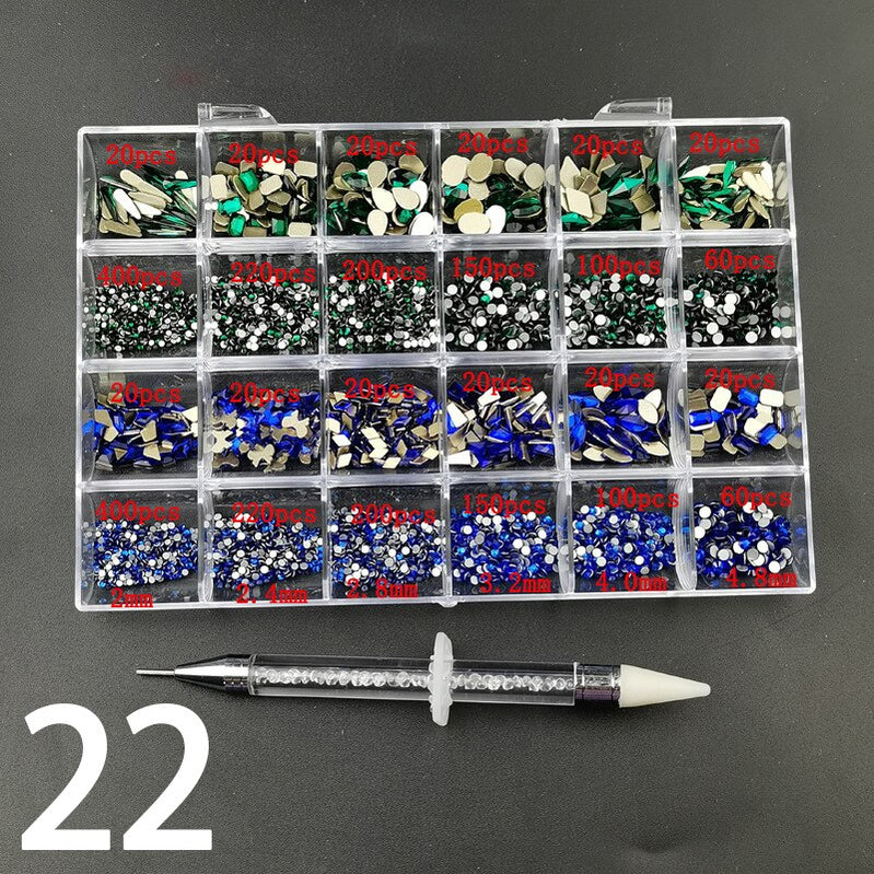 21 Grids Nail Decorations Box Packing AB Gold 3D Non-HotFix FlatBack Nail Art Rhinestones with Dot Pen Set Beauty Stones 22
